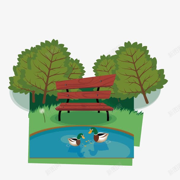 绿色池塘png免抠素材_新图网 https://ixintu.com 木椅 池塘 绿色 鸭子