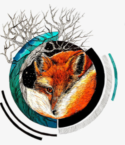 蜷缩的狐狸圆形图案素材