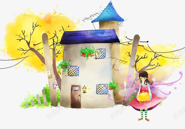 卡通手绘女孩和小屋png免抠素材_新图网 https://ixintu.com 卡通 女孩 小屋 手绘