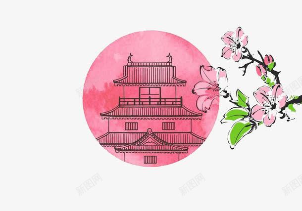 中国风插画png免抠素材_新图网 https://ixintu.com 古建筑 唯美 水墨花朵 红色