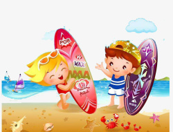 在海边冲浪的男孩女孩图案素材