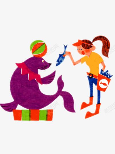 可爱小海狮和她的饲养员png免抠素材_新图网 https://ixintu.com 卡通 海族馆 素材 紫色