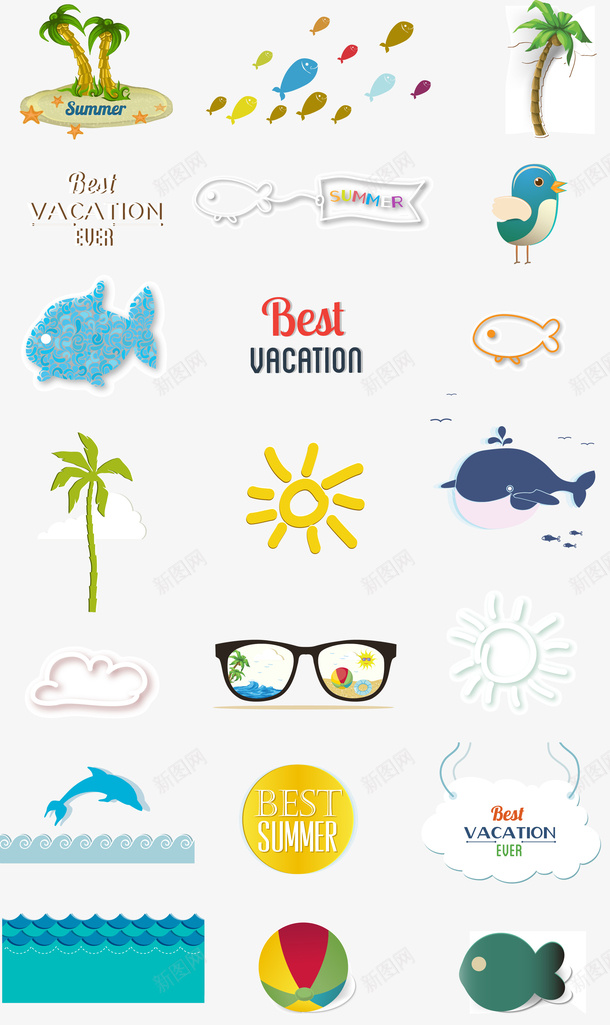 夏天元素矢量图ai免抠素材_新图网 https://ixintu.com 太阳 椰子树 鱼 矢量图