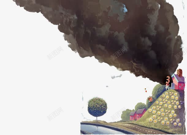 彩绘图案png免抠素材_新图网 https://ixintu.com 冒黑烟的房子 红房子 绿树