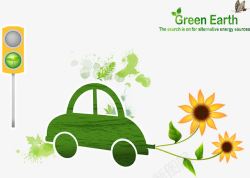 绿色小汽车和花朵素材