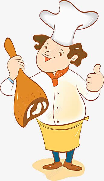 拿鸡腿的厨师png免抠素材_新图网 https://ixintu.com 一位 卡通 厨师 厨师帽 厨师服 棕色 白色 鸡腿