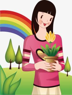 植树节促销植树节女孩彩虹卡通海报促销高清图片