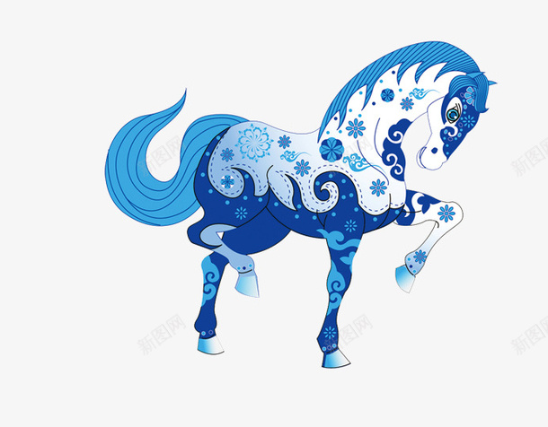 蓝色花纹马装饰图案png免抠素材_新图网 https://ixintu.com 手绘马 花纹 蓝色 马 马装饰图案