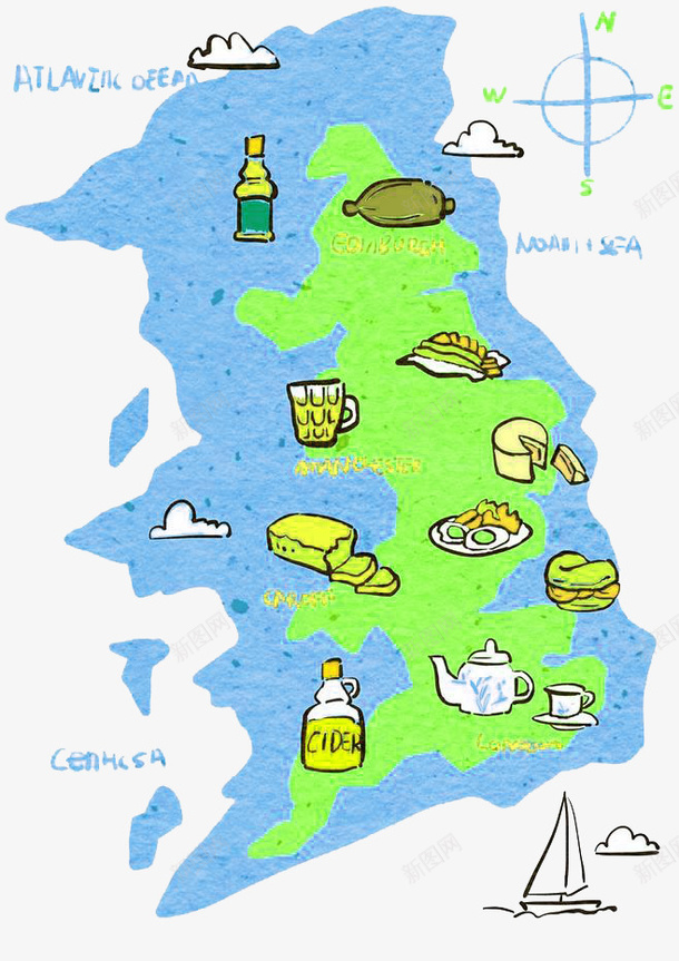 手绘地图png免抠素材_新图网 https://ixintu.com 卡通 地图 手绘 水彩 蓝色 装饰 食物