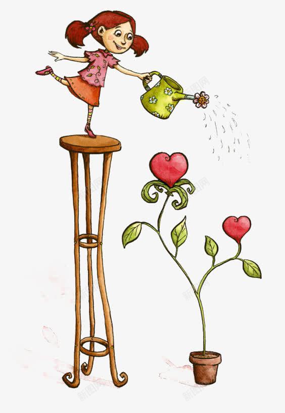 浇花的女孩png免抠素材_新图网 https://ixintu.com 卡通 女孩 小孩 手绘 插画 浇花 爱心 童话