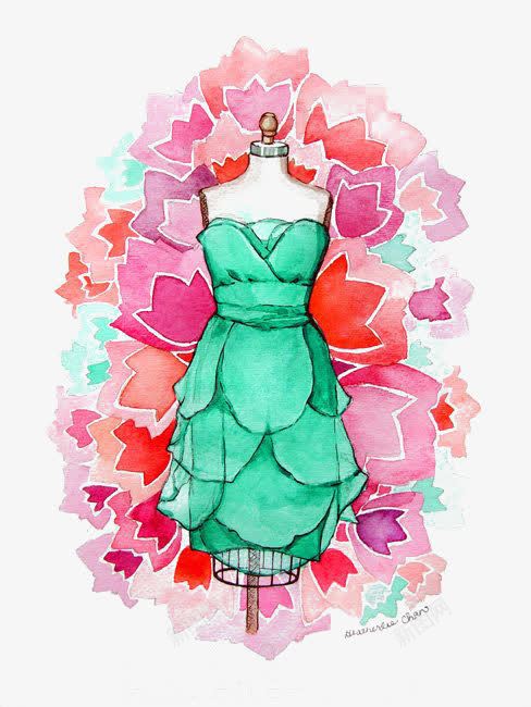 绿色裙子png免抠素材_新图网 https://ixintu.com 卡通 手绘 插画 水彩 粉色 绿色 花朵 裙子