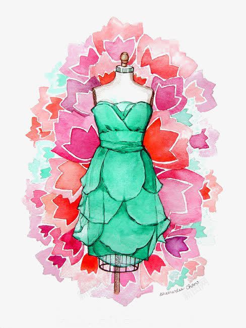 绿色裙子png免抠素材_新图网 https://ixintu.com 卡通 手绘 插画 水彩 粉色 绿色 花朵 裙子