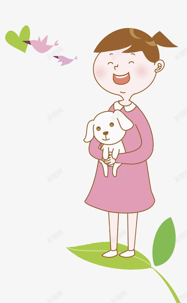 卡通抱着小狗的女人png免抠素材_新图网 https://ixintu.com 可爱的 小女孩 小草 小鸟 插图 漂亮的 高兴地