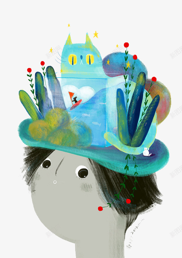 手绘创意人物帽子png免抠素材_新图网 https://ixintu.com 人物创意 创意 帽子 水彩画