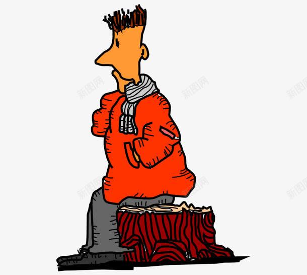 卡通手绘思考坐树头男人png免抠素材_新图网 https://ixintu.com 卡通的人物 坐树头的男人 思考的男人 手绘的男人