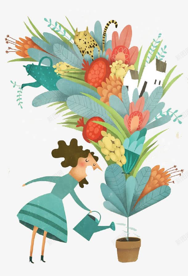 卡通女人浇花png免抠素材_新图网 https://ixintu.com 成长 浇水 浇花
