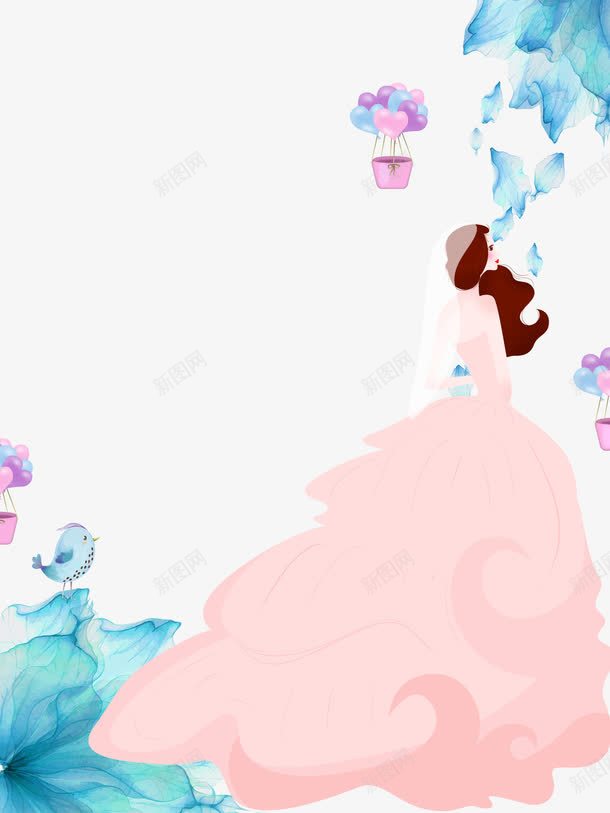 卡通水墨女孩气球装饰png免抠素材_新图网 https://ixintu.com 卡通 女孩 气球装饰 水墨 粉色裙子 蓝色的鸟