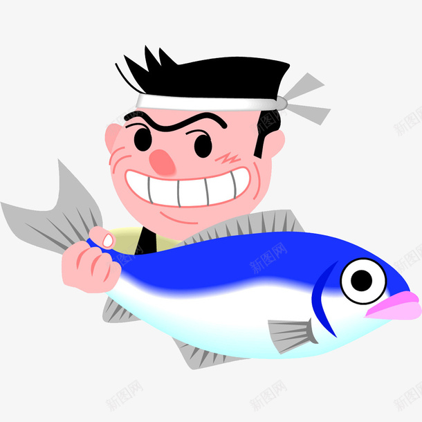 卡通渔民拿着鱼psd免抠素材_新图网 https://ixintu.com 卡通 插画 渔民 鱼