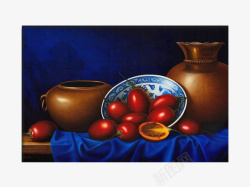 油画静物水果与陶瓷的油画高清图片