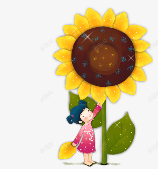 摸着向日葵的小女孩psd免抠素材_新图网 https://ixintu.com 向日葵 植物 食物