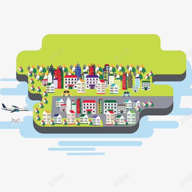 绿色繁华的城市png免抠素材_新图网 https://ixintu.com 城市 建筑 彩色 房屋 绿色 飞机