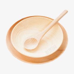 棕色木质纹理木圆盘和木勺子实物素材