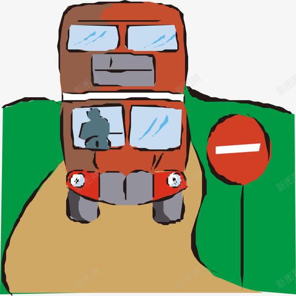 卡通手绘双层巴士路上草地png免抠素材_新图网 https://ixintu.com 卡通的交通工具 平面巴士 手绘的双层巴士 矢量巴士 绿色的草地