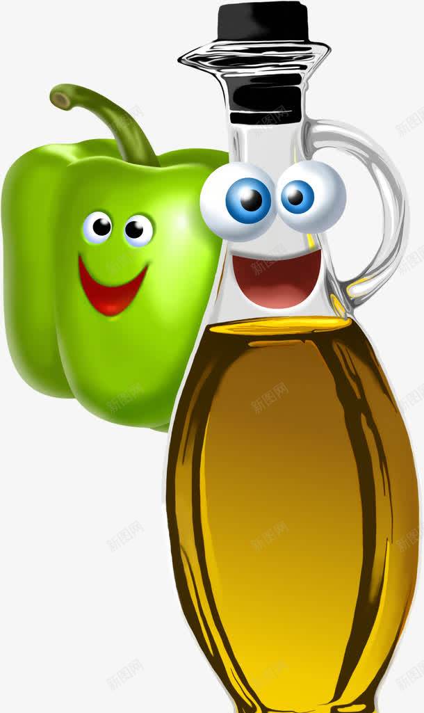 青椒和橄榄油瓶png免抠素材_新图网 https://ixintu.com 卡通 拟人化 榄油瓶 蔬菜 蔬菜人物 青椒