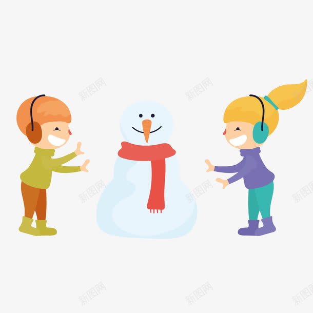 玩雪小朋友png免抠素材_新图网 https://ixintu.com 堆雪人 女孩 玩雪 男孩