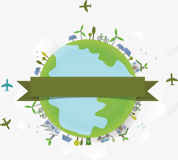 绿色地球上飞机围绕矢量图ai免抠素材_新图网 https://ixintu.com 创意 卡通 商务 地球 手绘 立体 绿色 飞机 矢量图