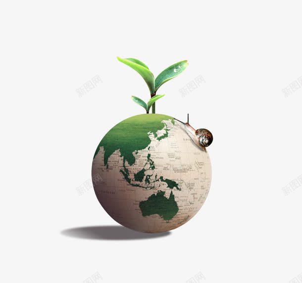 创意地球psd免抠素材_新图网 https://ixintu.com 地球 地球素材 绿色叶片 蜗牛