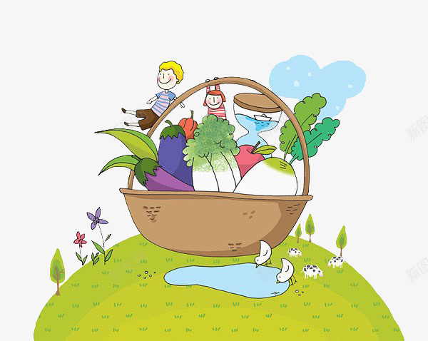 孩子在蔬菜篮里png免抠素材_新图网 https://ixintu.com 卡通 孩子 草地 蔬菜篮