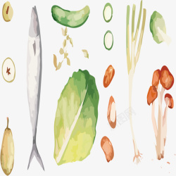 手绘蔬菜与鱼矢量图素材