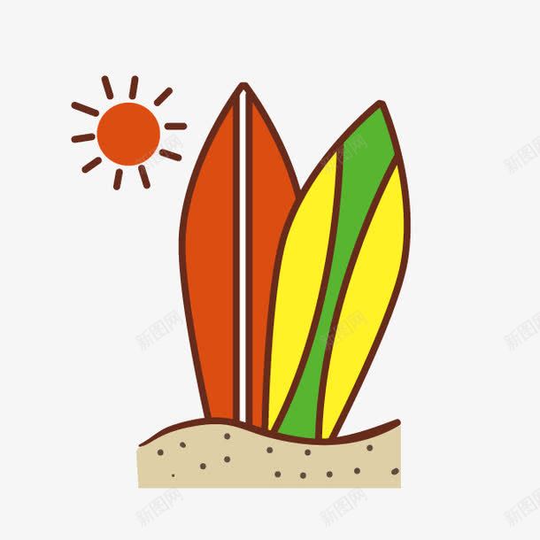 卡通沙滩png免抠素材_新图网 https://ixintu.com 冲浪 冲浪板 卡通 可爱 太阳 手绘 沙滩