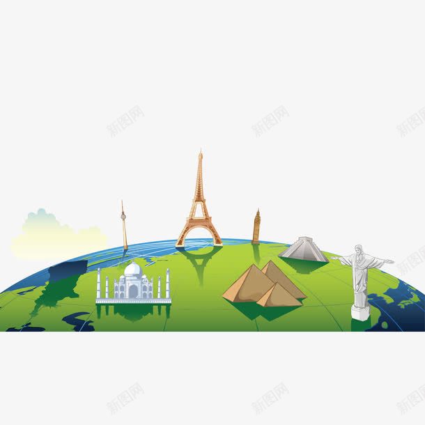 手绘地球建筑png免抠素材_新图网 https://ixintu.com 手绘知名建筑 矢量地球 知名建筑 蓝色地球