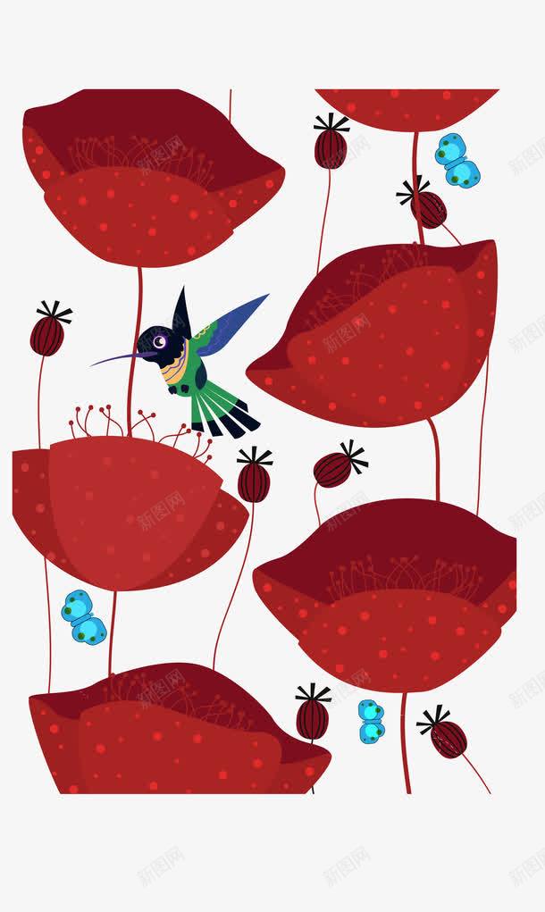 鸟花红色野生动物png免抠素材_新图网 https://ixintu.com 插画 红色花朵 背景红色 蝴蝶 野生动物 鸟