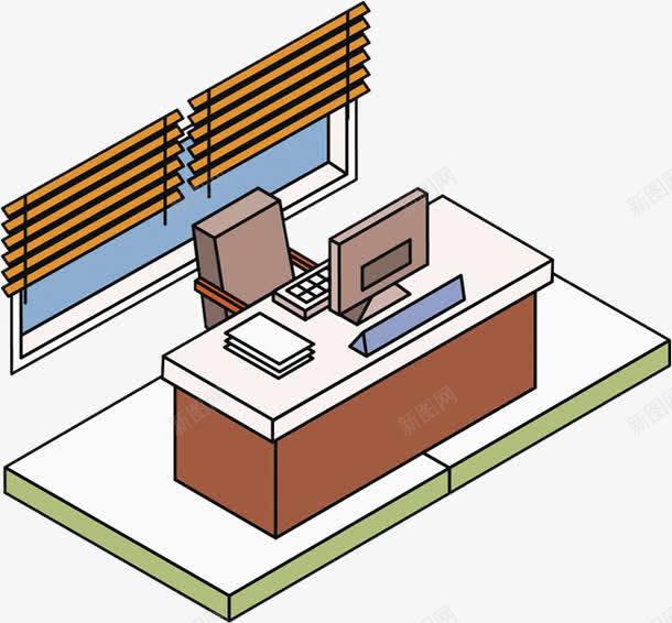 办公室俯视png免抠素材_新图网 https://ixintu.com 办公桌 办公椅 台式电脑 文件夹 百叶窗 百叶窗图案 窗户