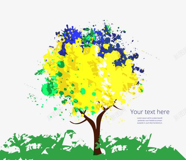 水彩蜡笔树png免抠素材_新图网 https://ixintu.com 创意 树 树叶 水彩 绿色 蓝色 蜡笔 黄色