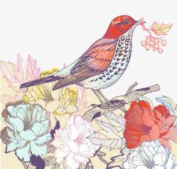 手绘彩色枝头上的红鸟背景素材