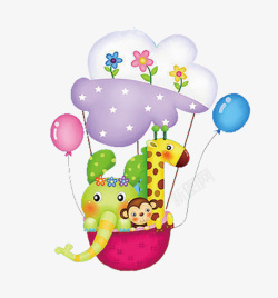 卡通可爱小动物坐气球素材