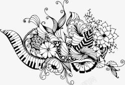 创意手绘花卉和琴键素材