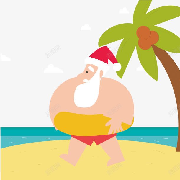 椰子树下的圣诞老人png免抠素材_新图网 https://ixintu.com 卡通椰子树 圣诞老人 椰子树 水 沙滩