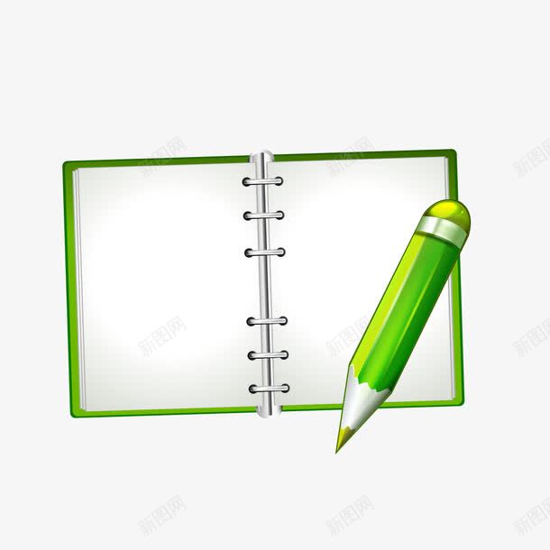绿色笔和笔记png免抠素材_新图网 https://ixintu.com 卡通笔 夹子 笔记 绿色