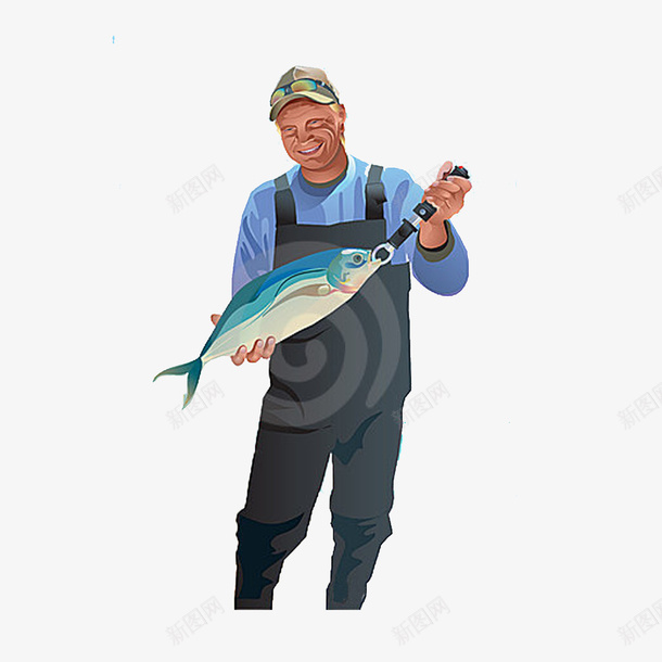 渔民捕到鱼很开心psd免抠素材_新图网 https://ixintu.com 卡通 卡通渔民 渔民 鱼