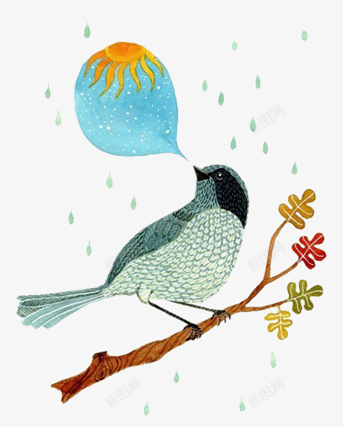 鸟在树枝上吐泡泡png免抠素材_新图网 https://ixintu.com 太阳 手绘 插画 雨天