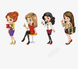 商务装扮四个不同装扮的卡通商务女孩高清图片