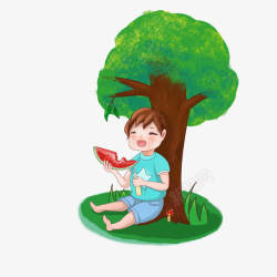 大树底下夏日大树下乘凉吃西瓜儿童高清图片