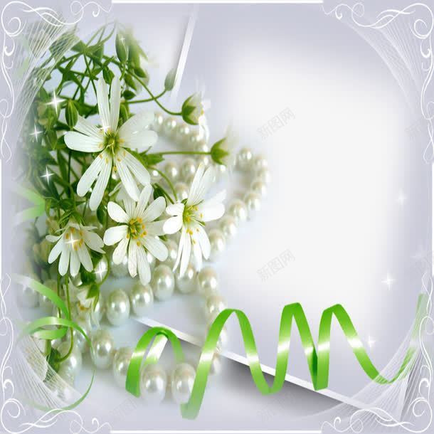 白色花朵相框png免抠素材_新图网 https://ixintu.com 白色 相框 绸带 绿叶 花朵