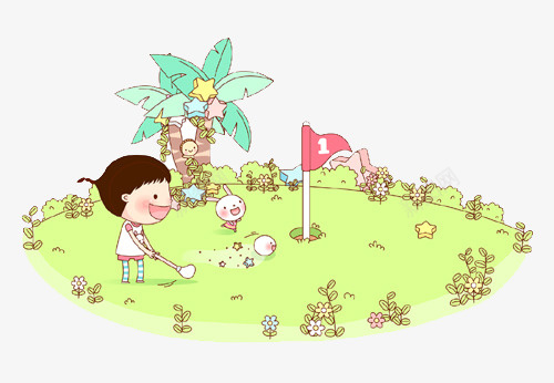 小孩在玩高尔夫png免抠素材_新图网 https://ixintu.com 国旗 椰子树 绘画 草地
