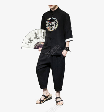 中国风夏季薄款棉麻刺绣套装男士图标图标